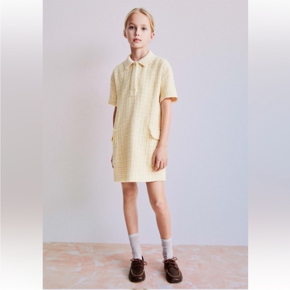 Zara Yellow Tweed Mini Dress Girls 9 Short Sleeve Polo New With Tags Preppy - Picture 4 of 10